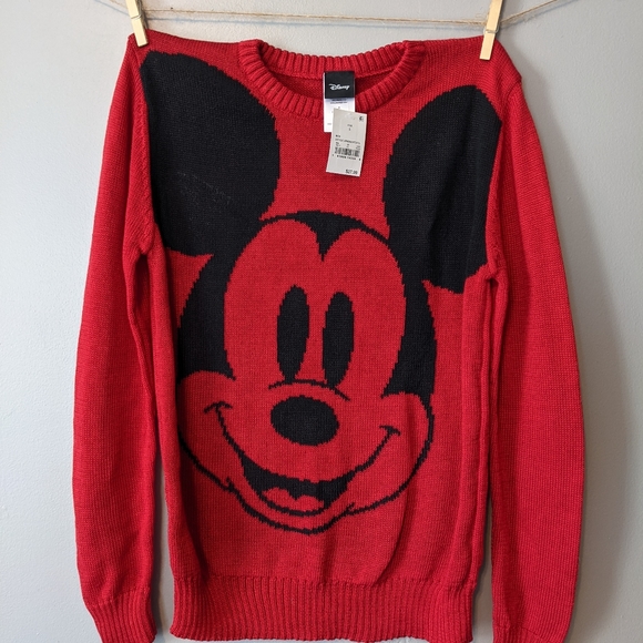 NWT Disney Mickey Mouse Red Black Crew Neck Sweater Size Small - Picture 2 of 9